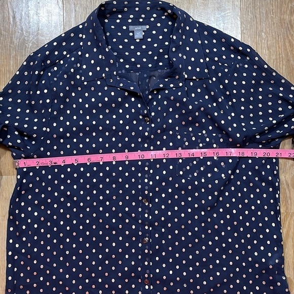 Aerie Navy & Gold Polka Dot Blouse Top Sheer Button Up Size XL EUC Collared - Picture 10 of 13